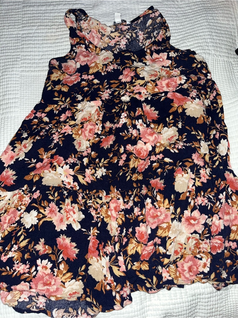 American Eagle Outfitters Navy Floral Top with Pink and Tan Accents